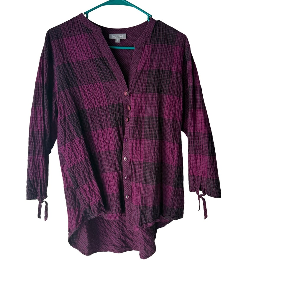 Habitat Plaid Crinkle‎ Tunic Shirt Women Size S Purple Long Sleeve Button Up